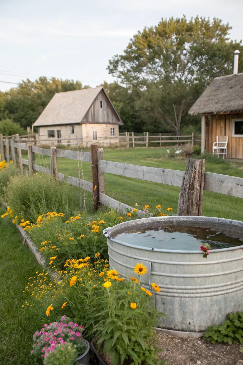 A cozy rustic farmhouse galvanized pool setting.