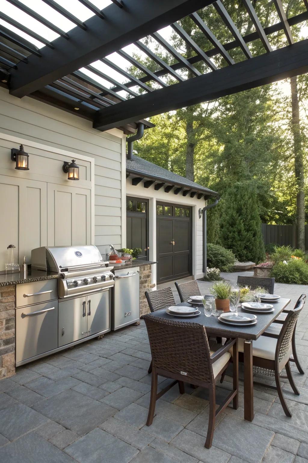An outdoor kitchen setup on a garage patio.