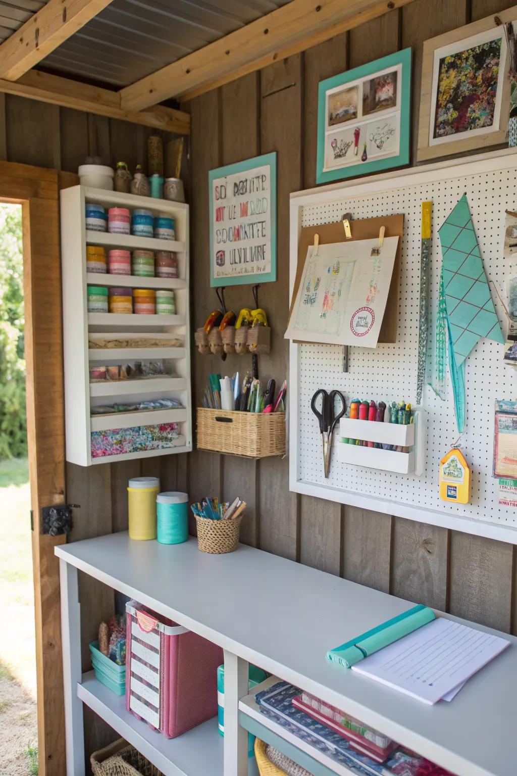 A charming craft corner in a garage shed.