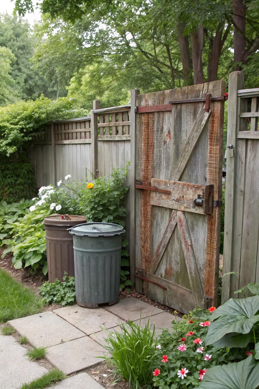 A repurposed barn door offers a rustic charm while concealing trash bins.
