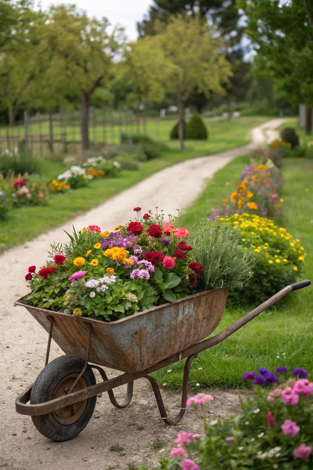 Create a mobile flower bed with a wheelbarrow.