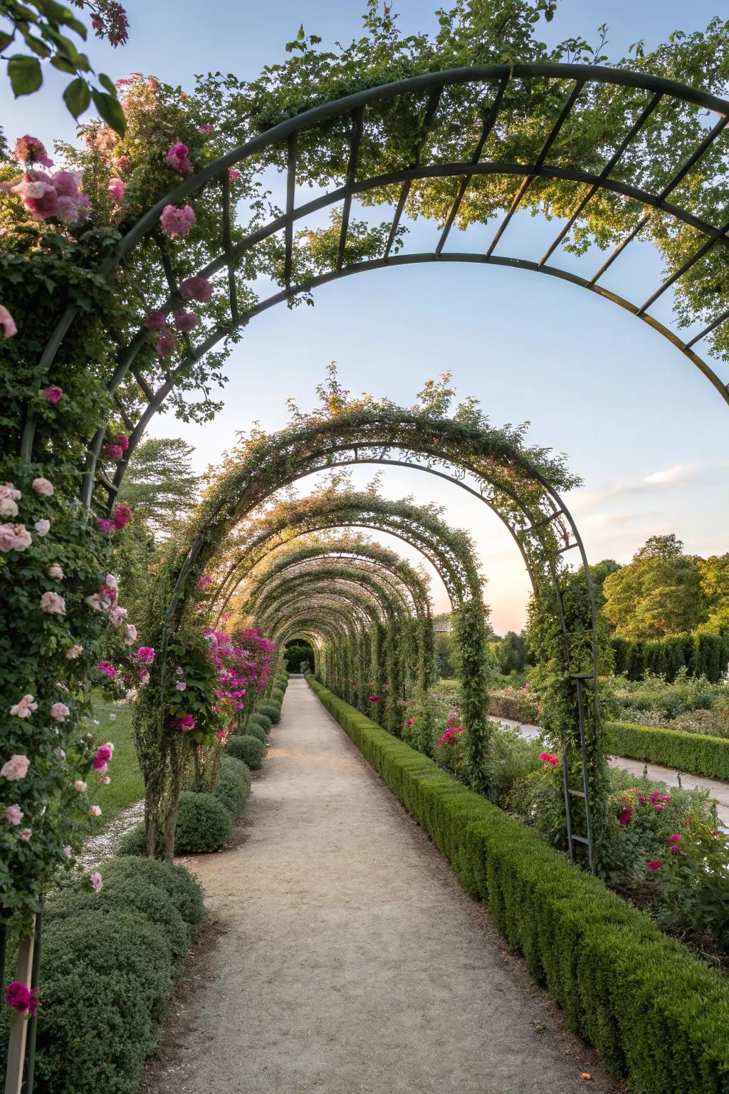 A serene corridor formed by a series of garden arches.