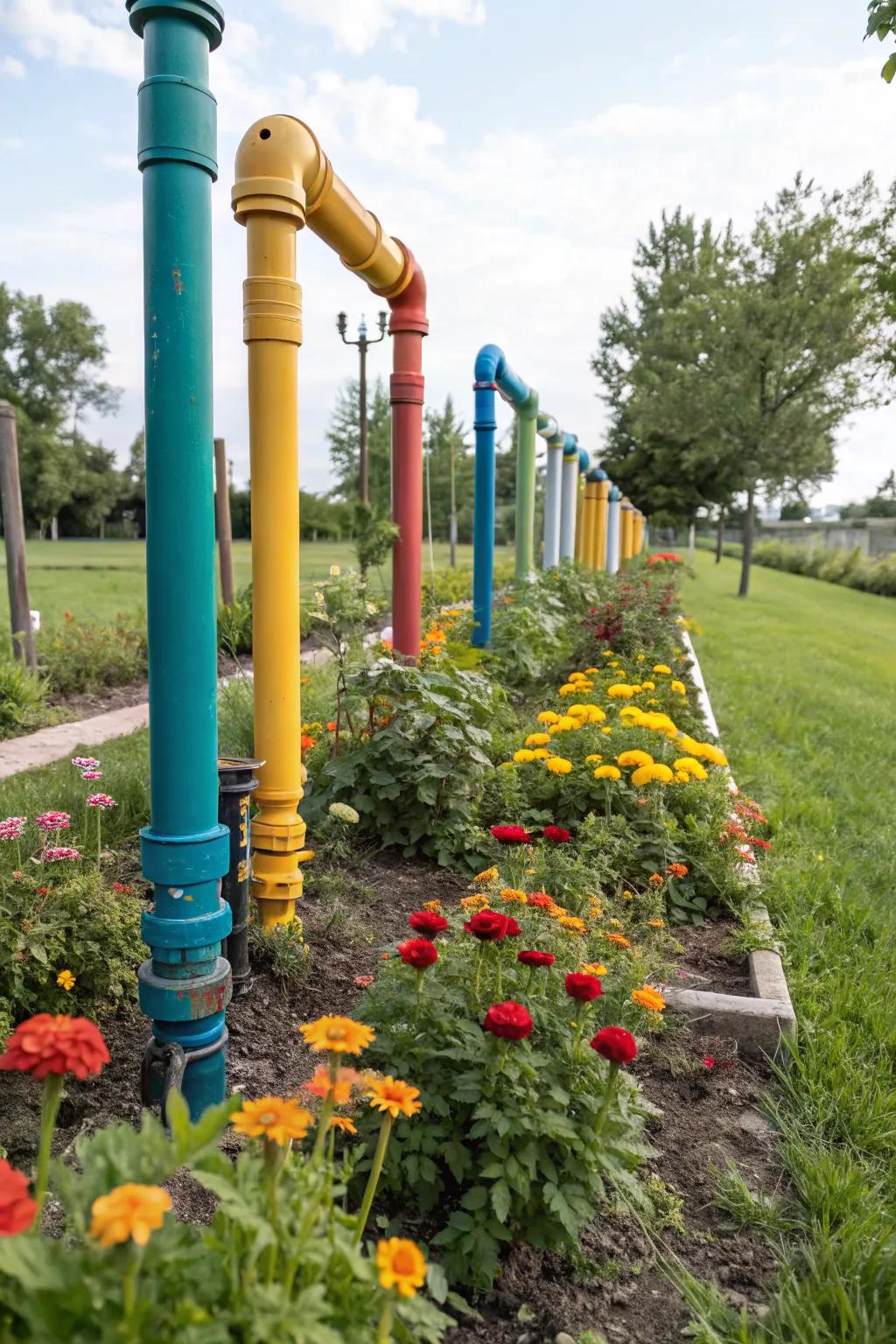 Brighten up your garden with colorful pipe decor.