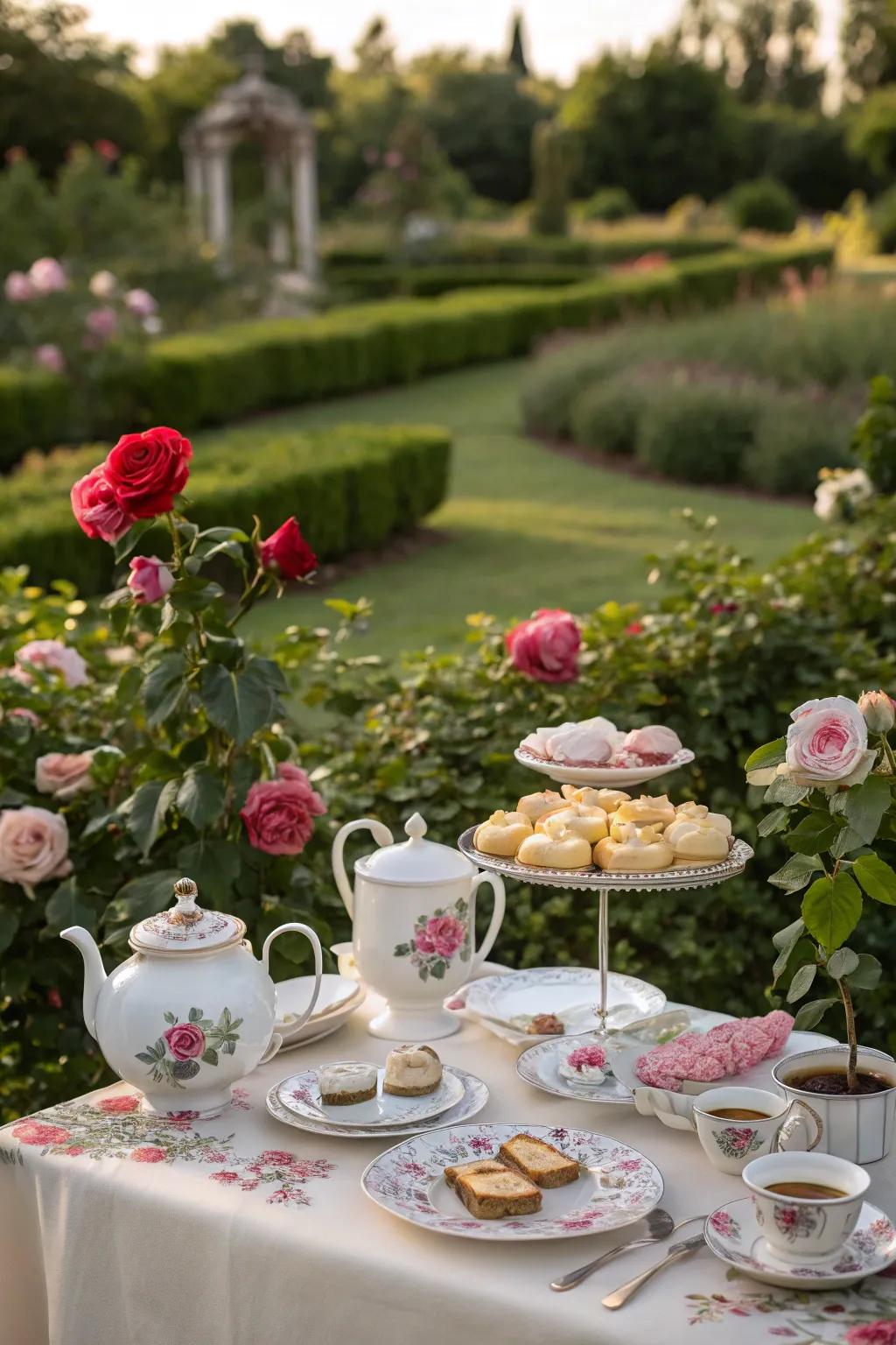 A tea party setup with elegant china and pastries.