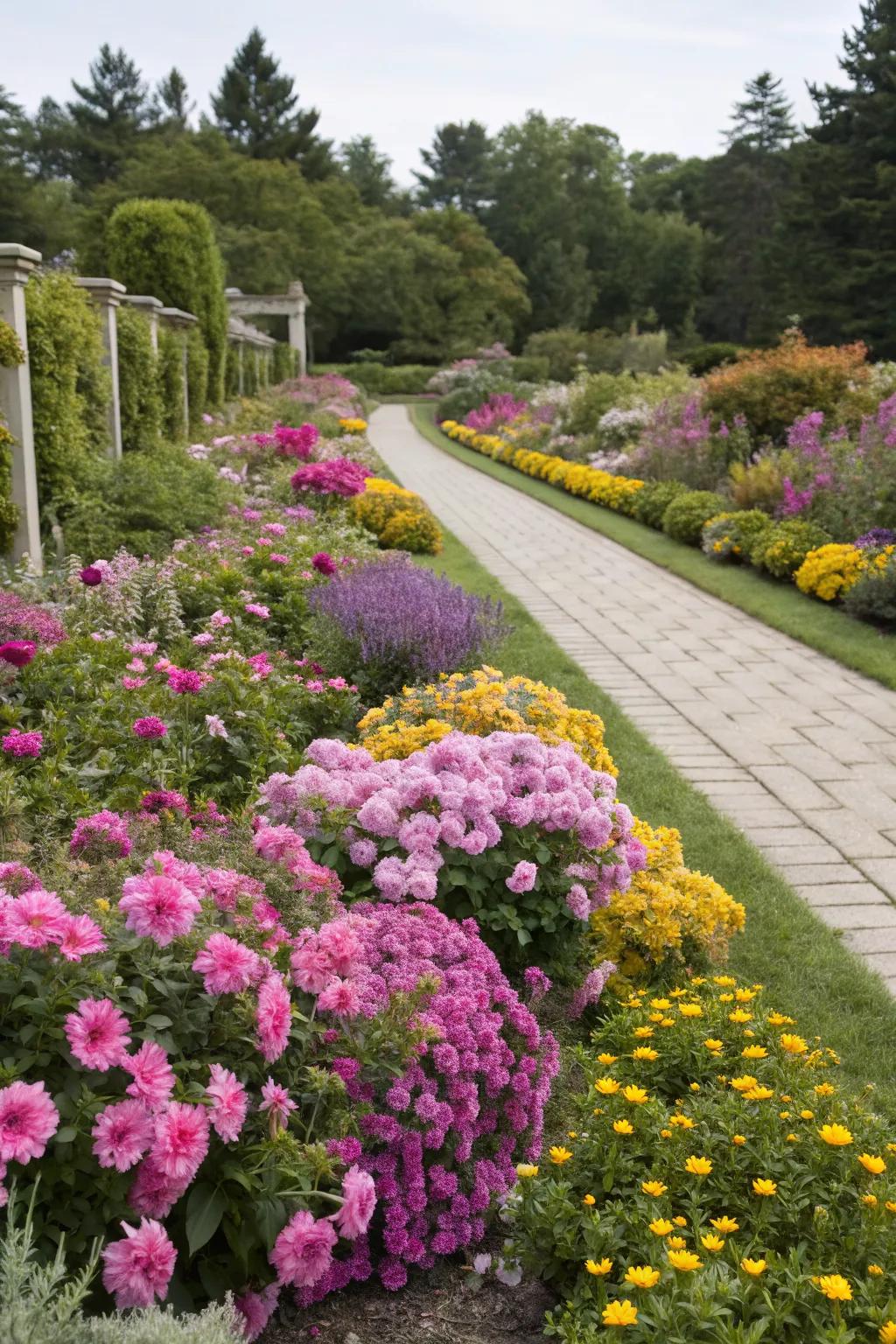 Flower-filled borders add lushness and bursts of color.