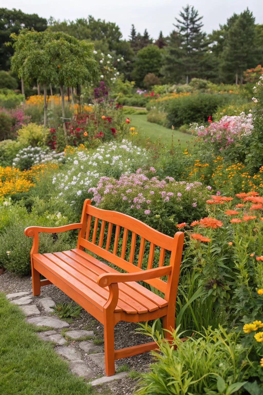 A vibrant orange bench makes a bold and playful statement in the garden.