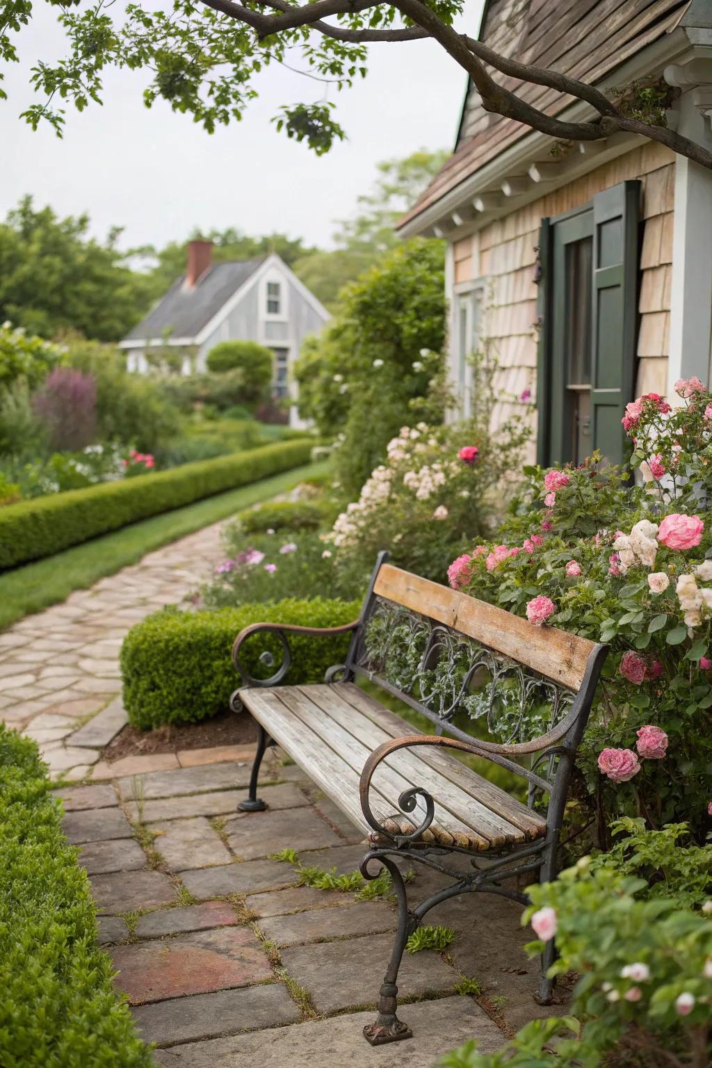 A farmhouse bench exuding rustic charm.