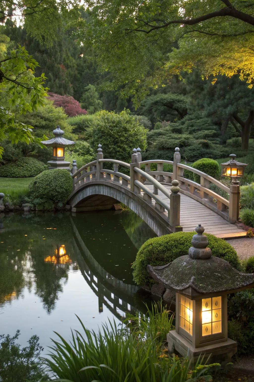 A bridge that appears to float adds intrigue to the garden.