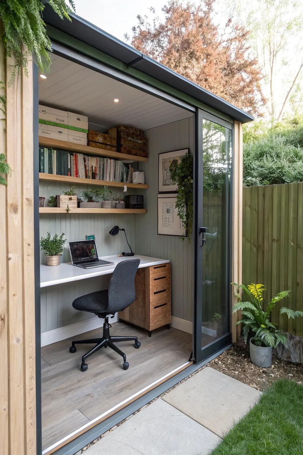 A compact garden office offering functionality in a small space.