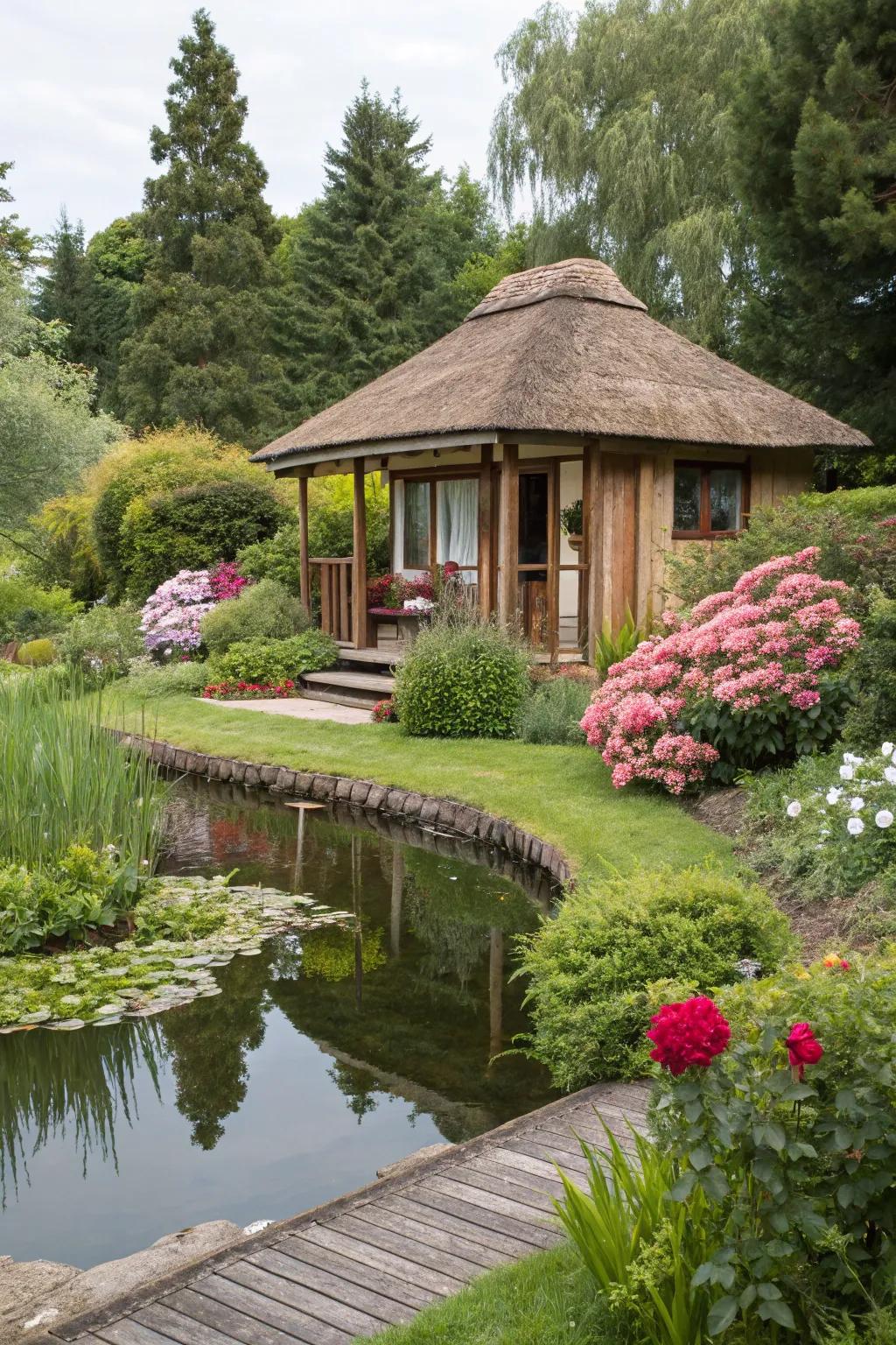 A calming water feature adds serenity to this garden bungalow.