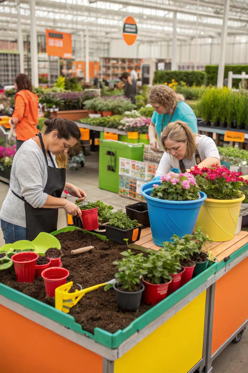 Interactive DIY potting stations for customer engagement.
