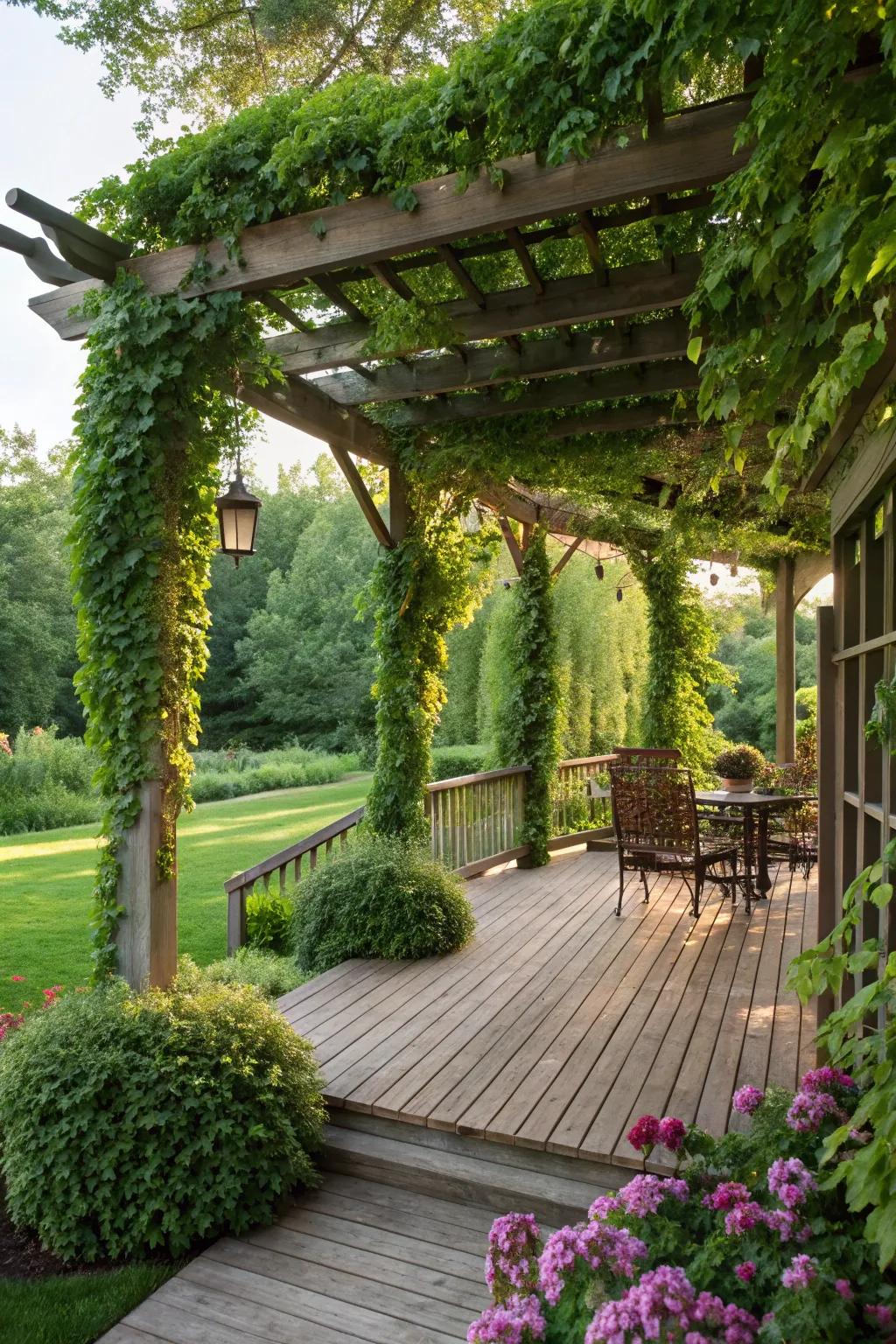A deck offering shade and beauty with a vine-covered pergola.