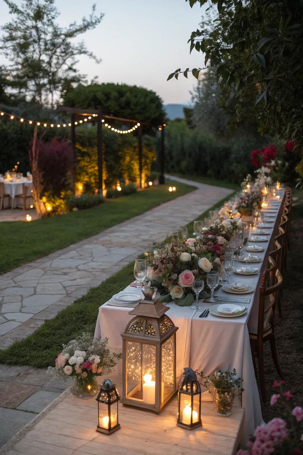 Charming lanterns providing a warm glow at a garden dinner party.