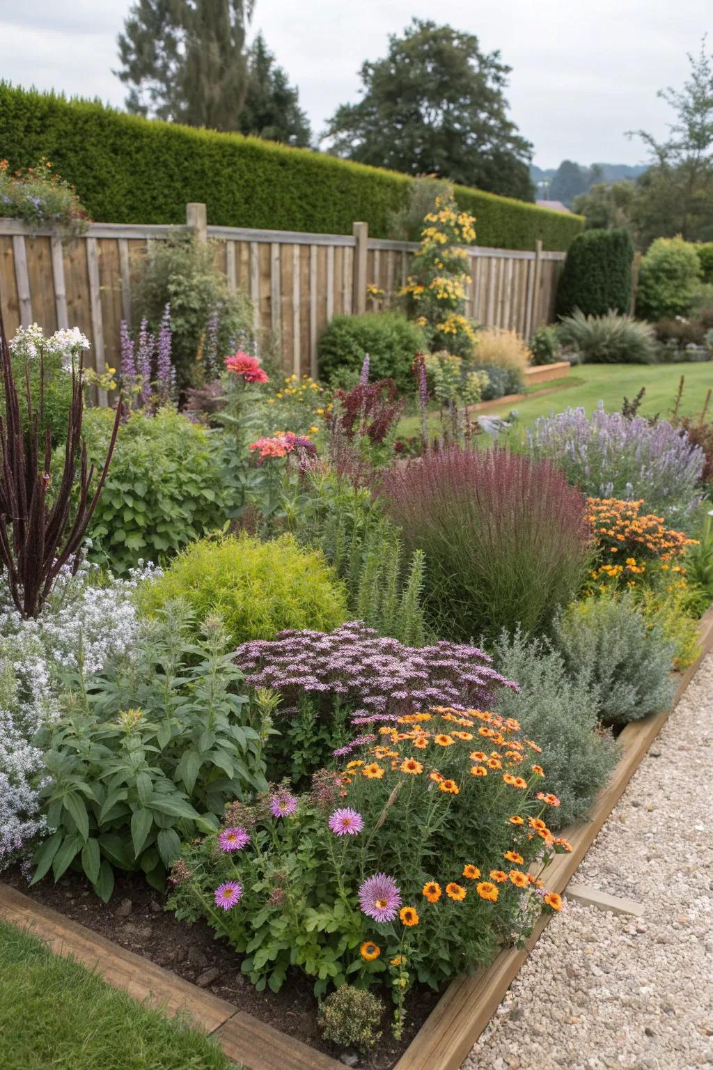 A textured garden display with a variety of plant types.