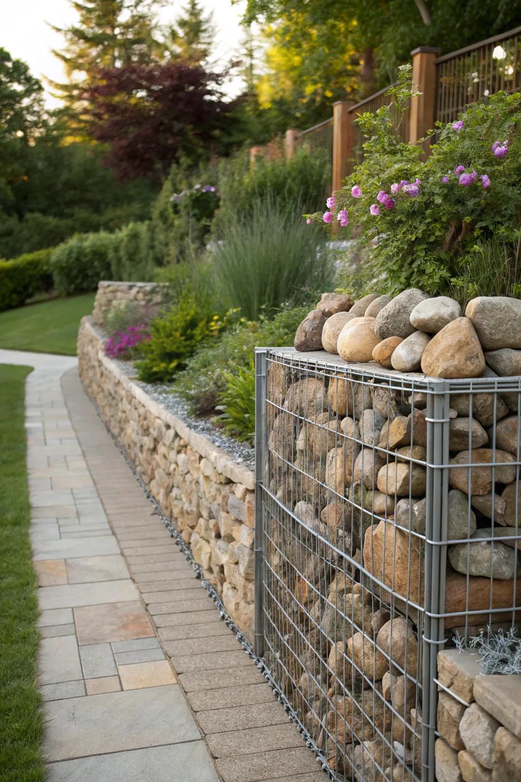 Gabion walls provide a robust and decorative garden divider.