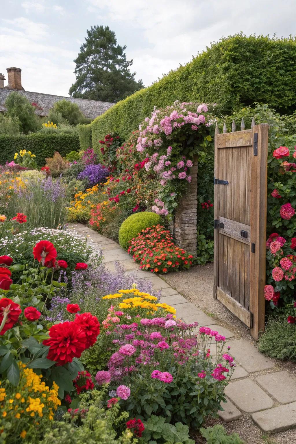 Colorful blooms create a lively and inviting garden entrance.
