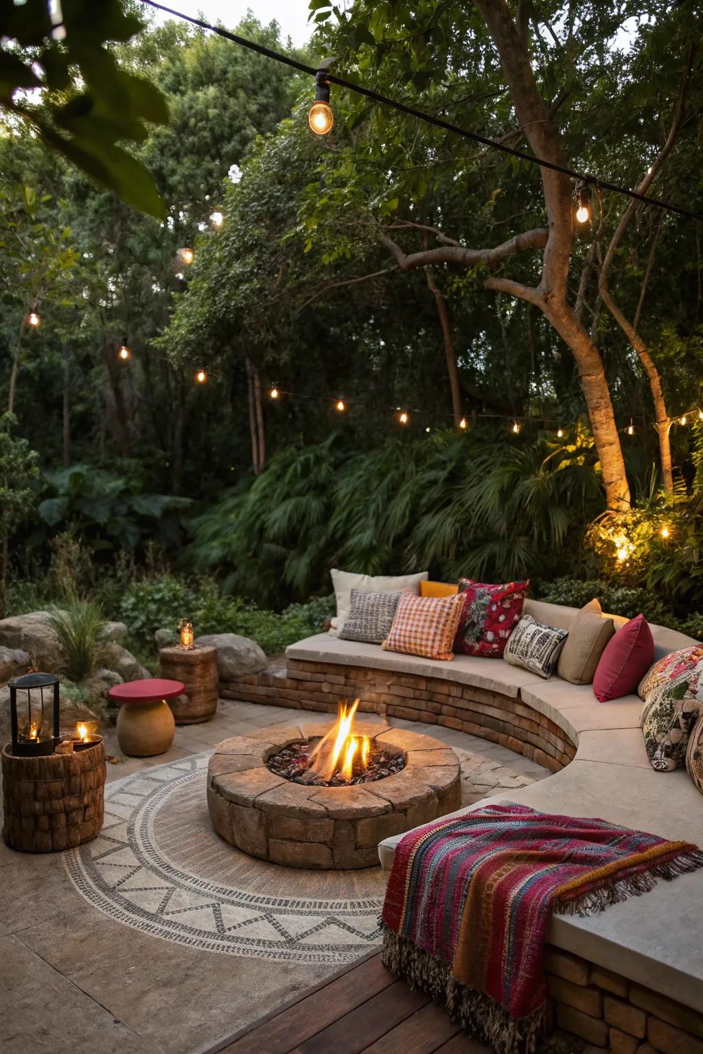 Cozy textiles enhance comfort around the fire pit.