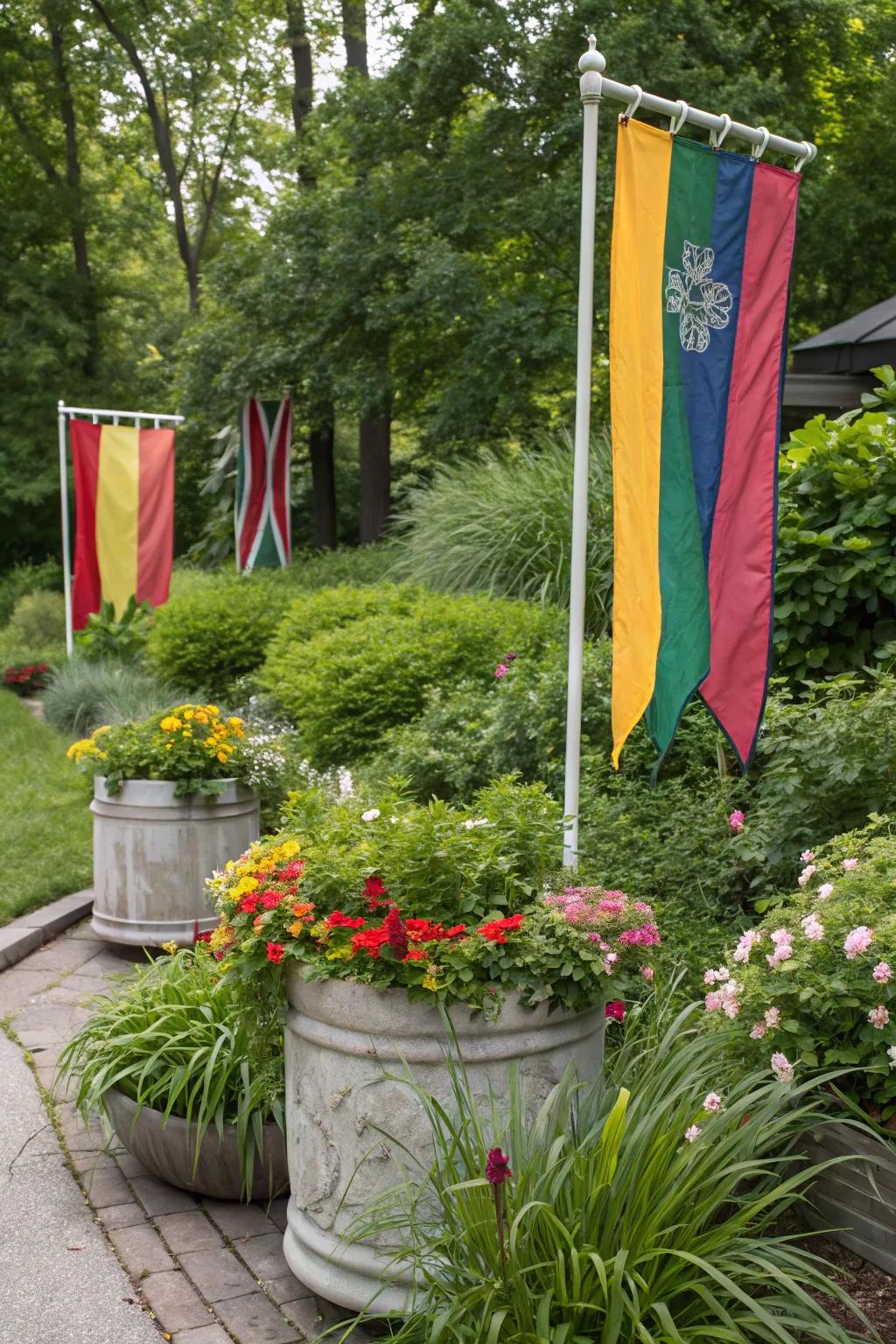 Use plant containers to add height and interest to your garden flag display.