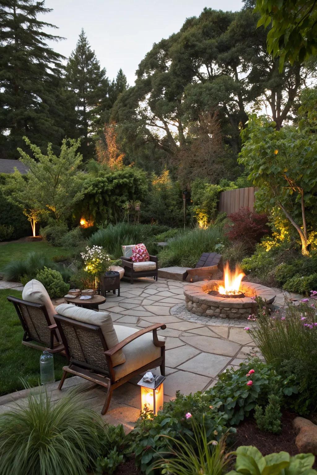 A cozy fire pit area becomes a social hub in the garden.