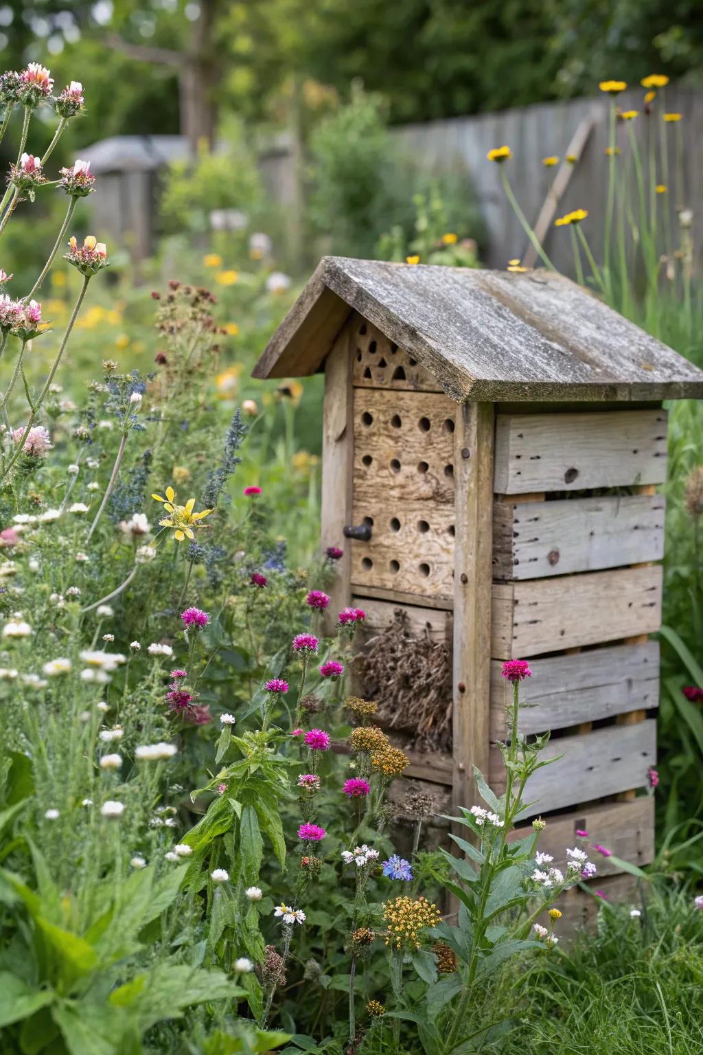 A bee house bustling with activity in a garden.