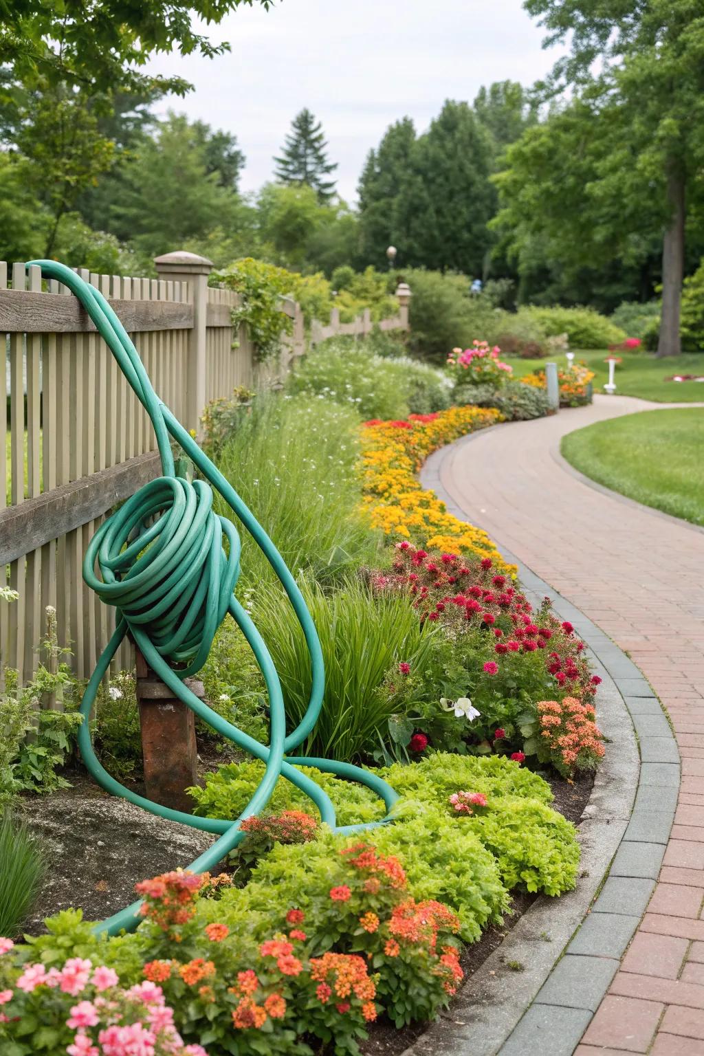 Transform hoses into artistic sculptures for a garden centerpiece.