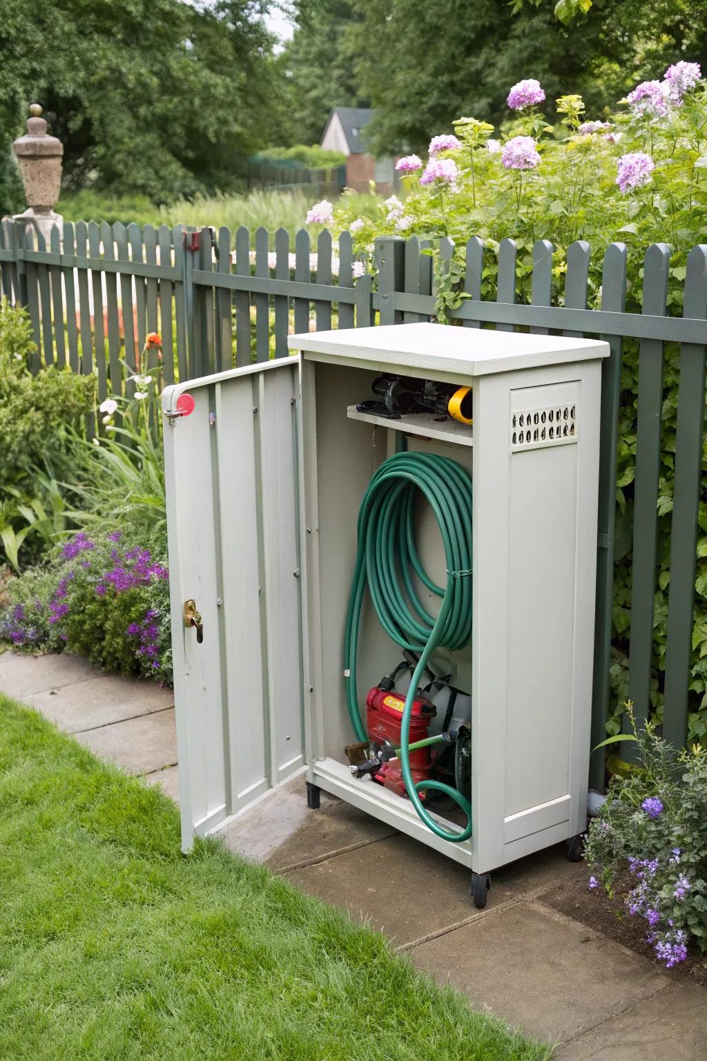 A sleek outdoor cabinet keeping garden hoses out of sight.