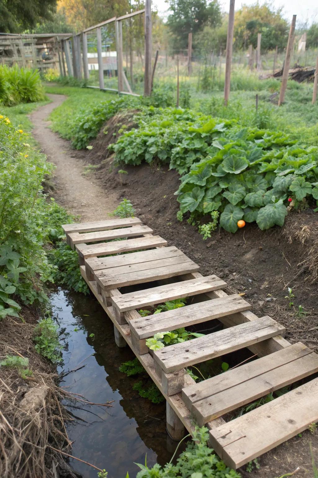 A charming DIY bridge made from repurposed pallets.