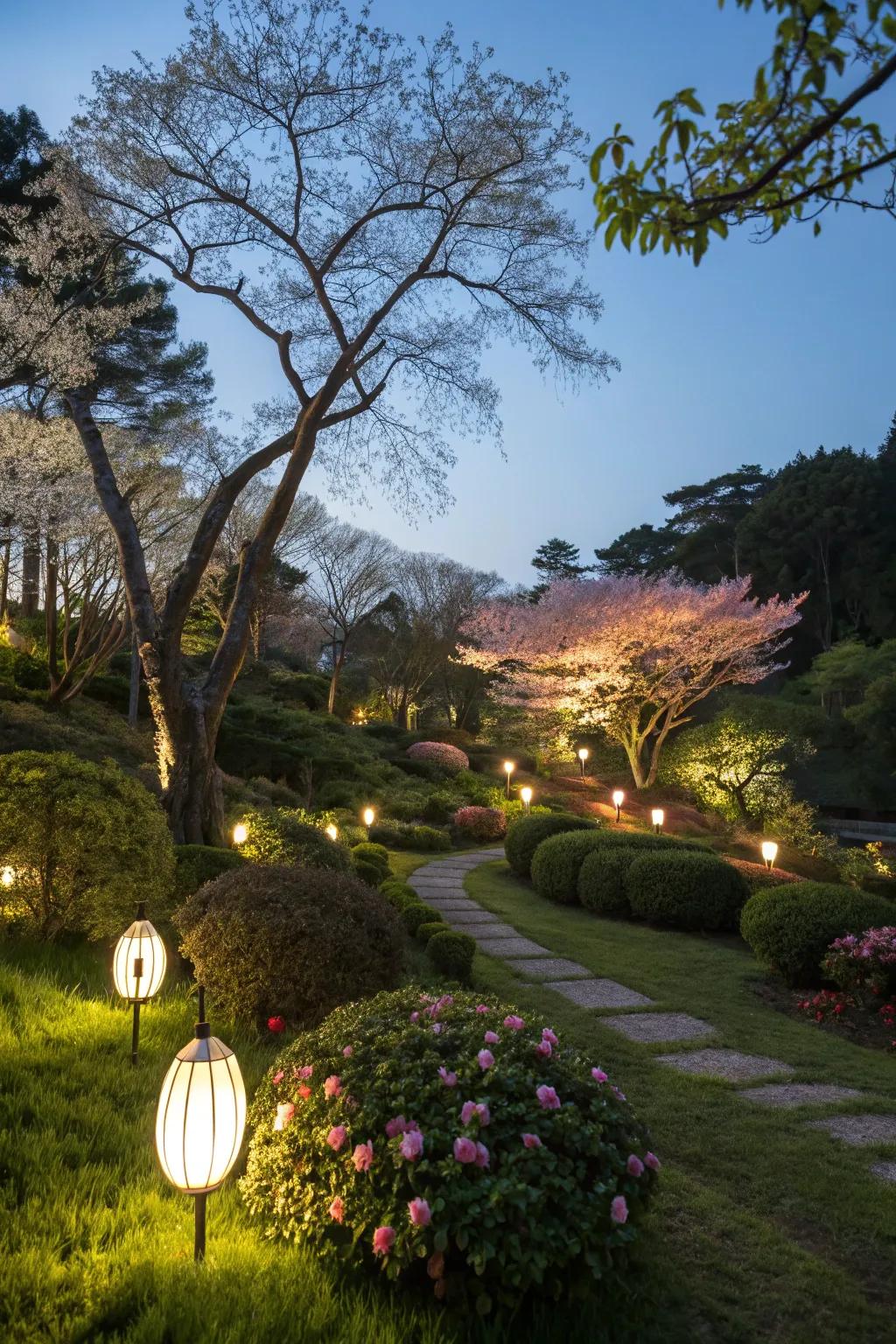 A magical moonlit effect achieved through strategic tree-mounted lighting.