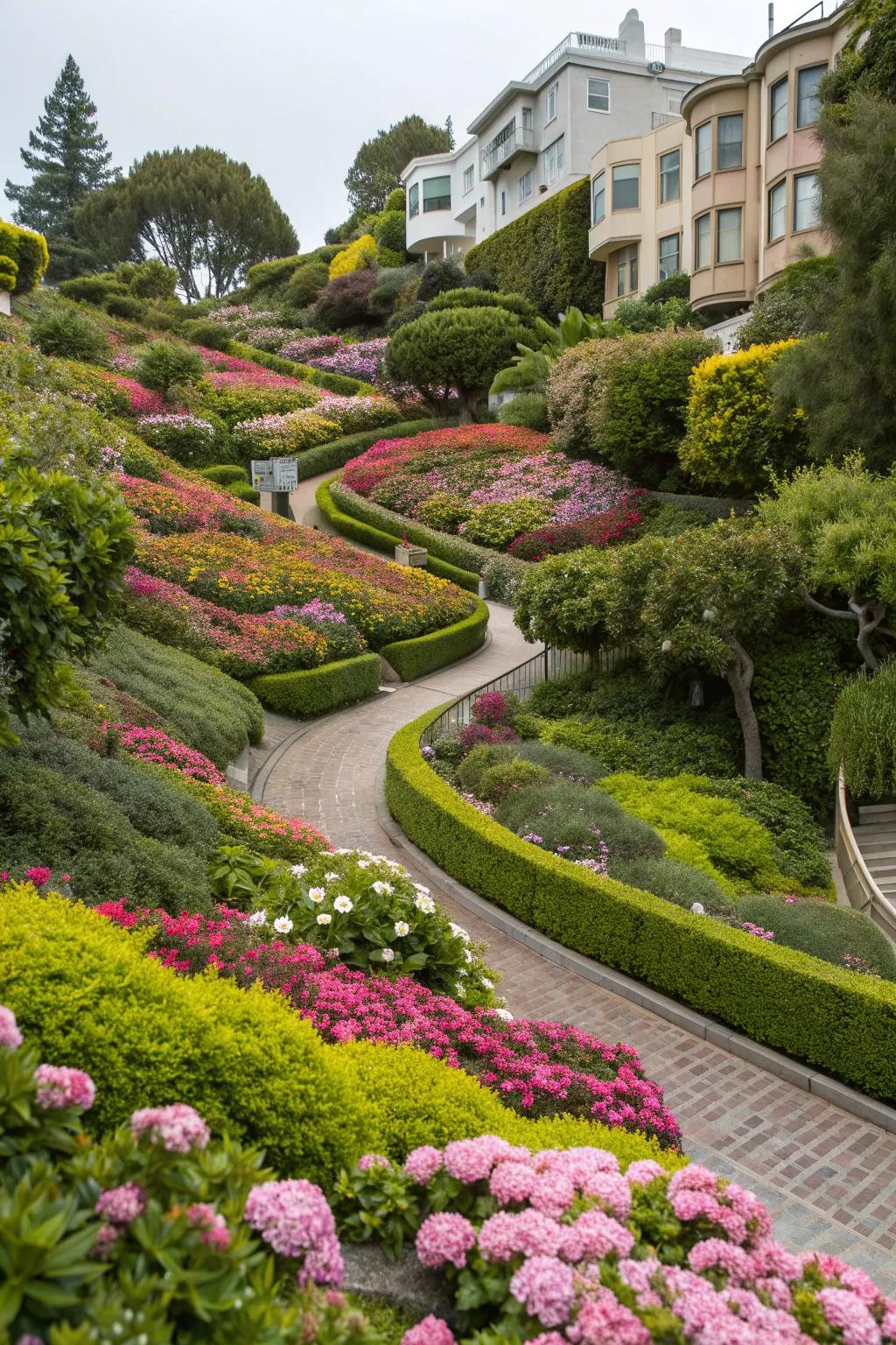 Ornamental gardens bring vibrant color to sloping landscapes.