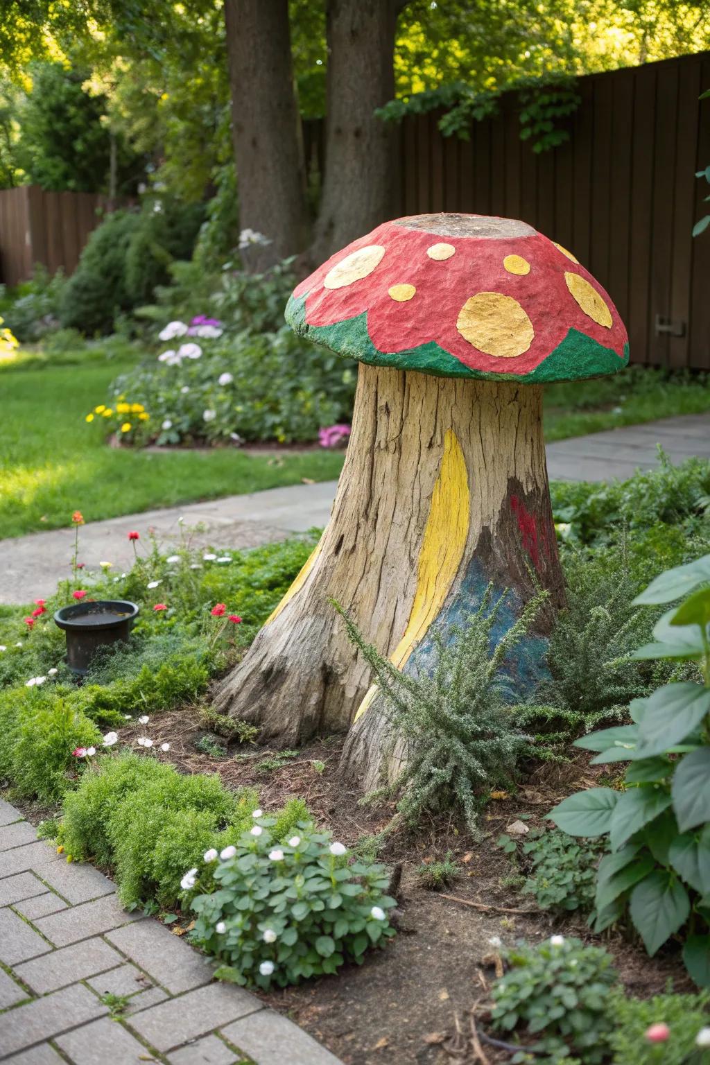 Bring whimsy to your garden with painted tree stumps.