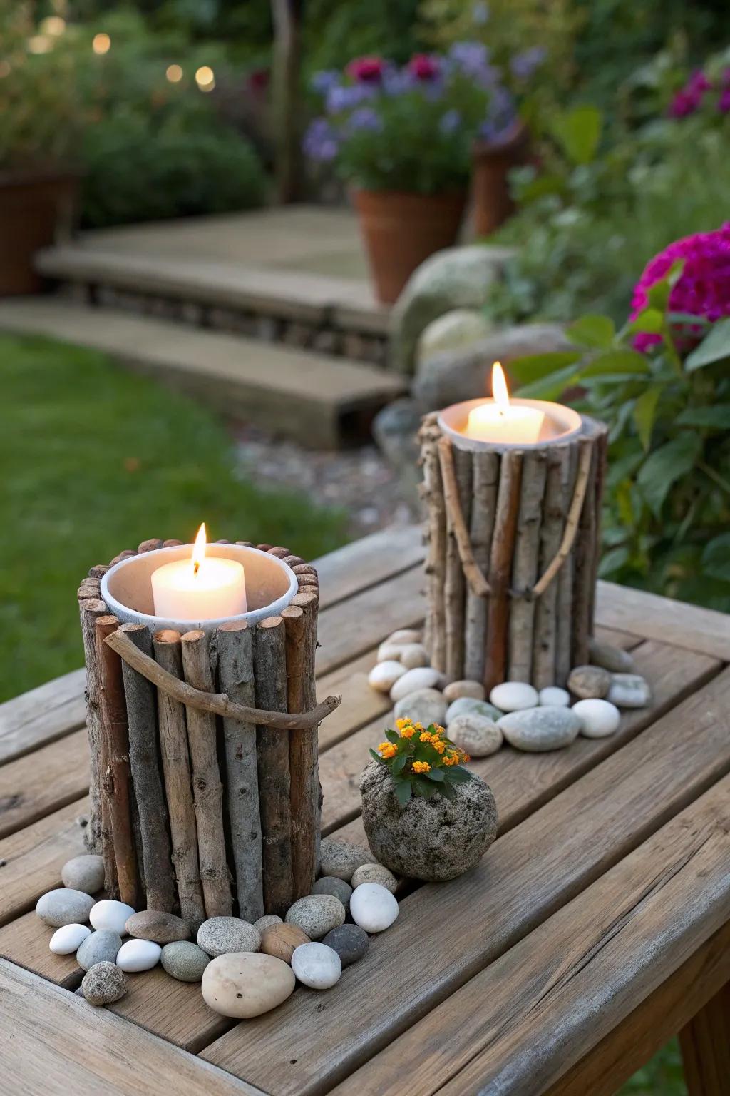 DIY candle holders made from twigs and pebbles add warmth to the setting.