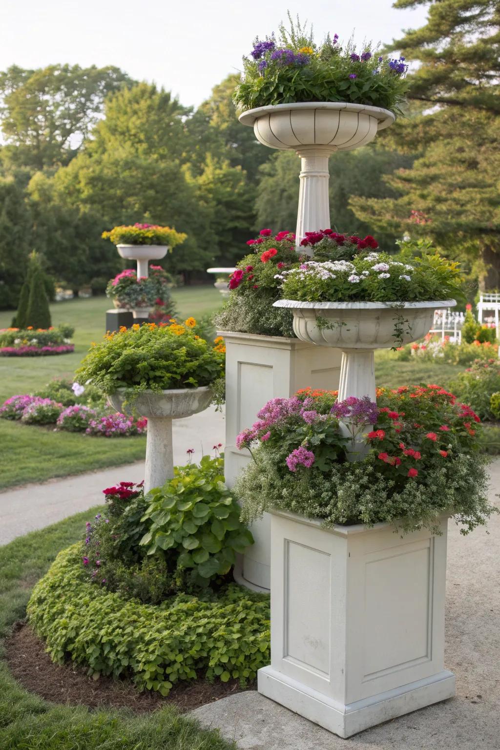Tiered displays on pedestals add depth to garden landscapes.