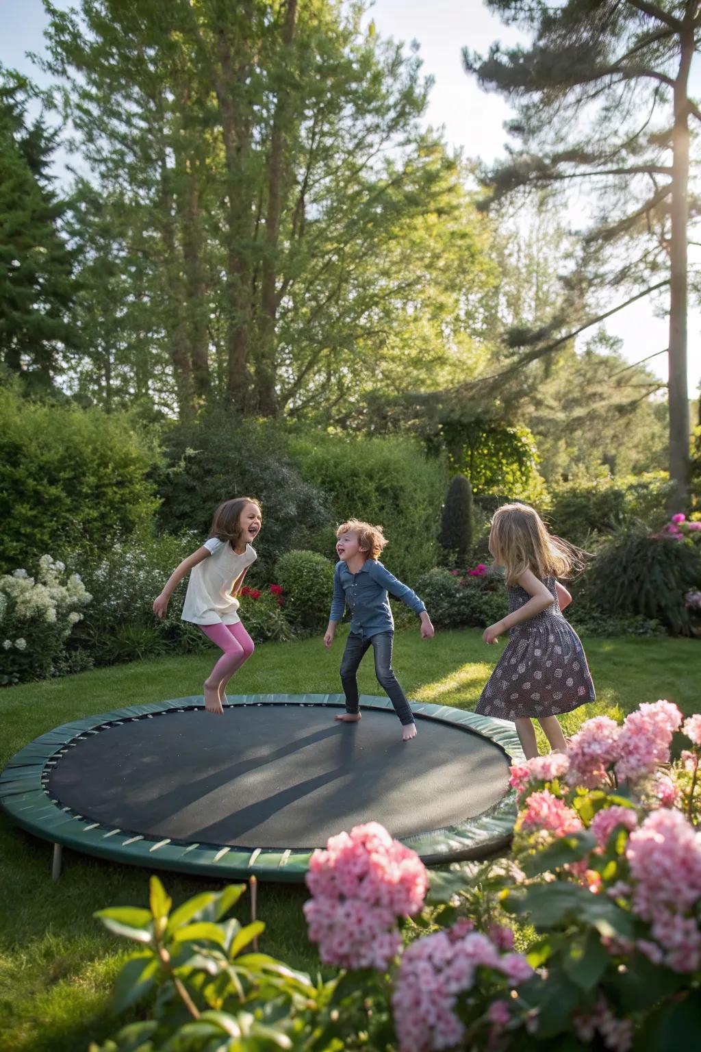 A sunken trampoline nestled in a garden, offering a safe and fun jumping experience.