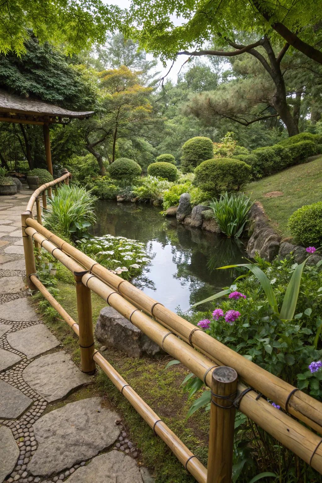 Bamboo railings provide an eco-friendly and tranquil garden atmosphere.