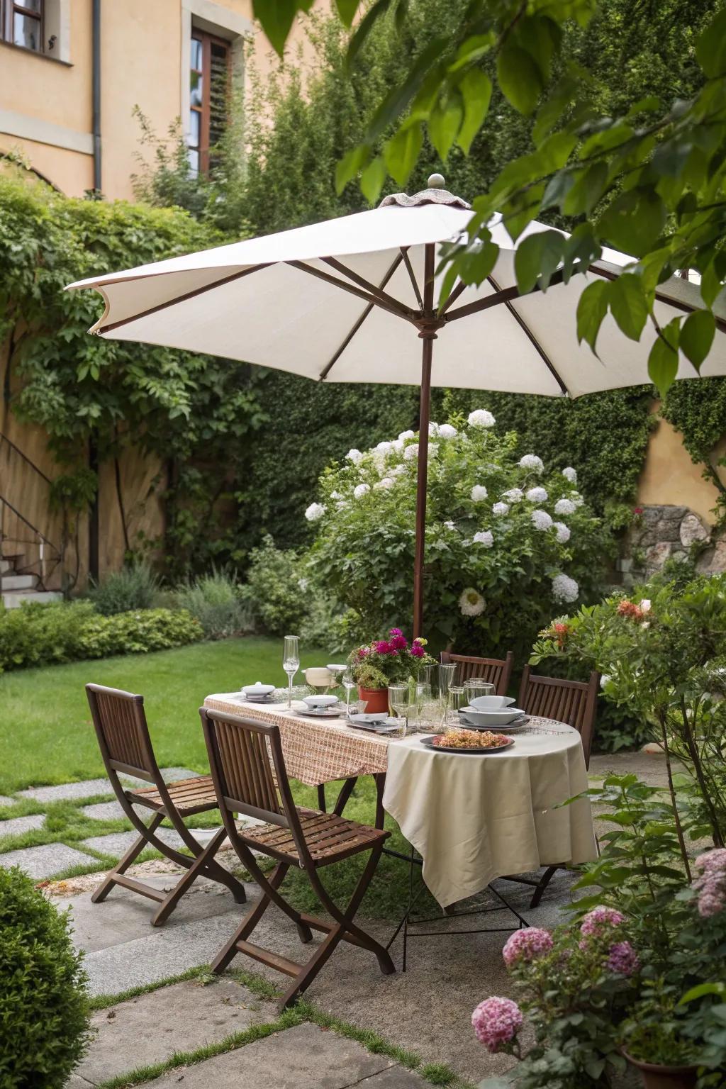 A charming al fresco dining area in the garden.