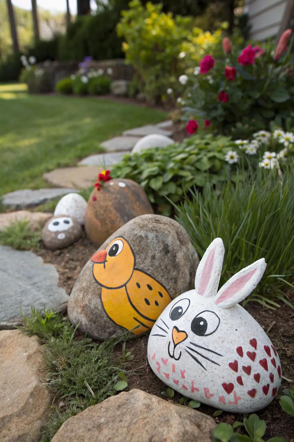Rock animal sculptures add playful charm to gardens.