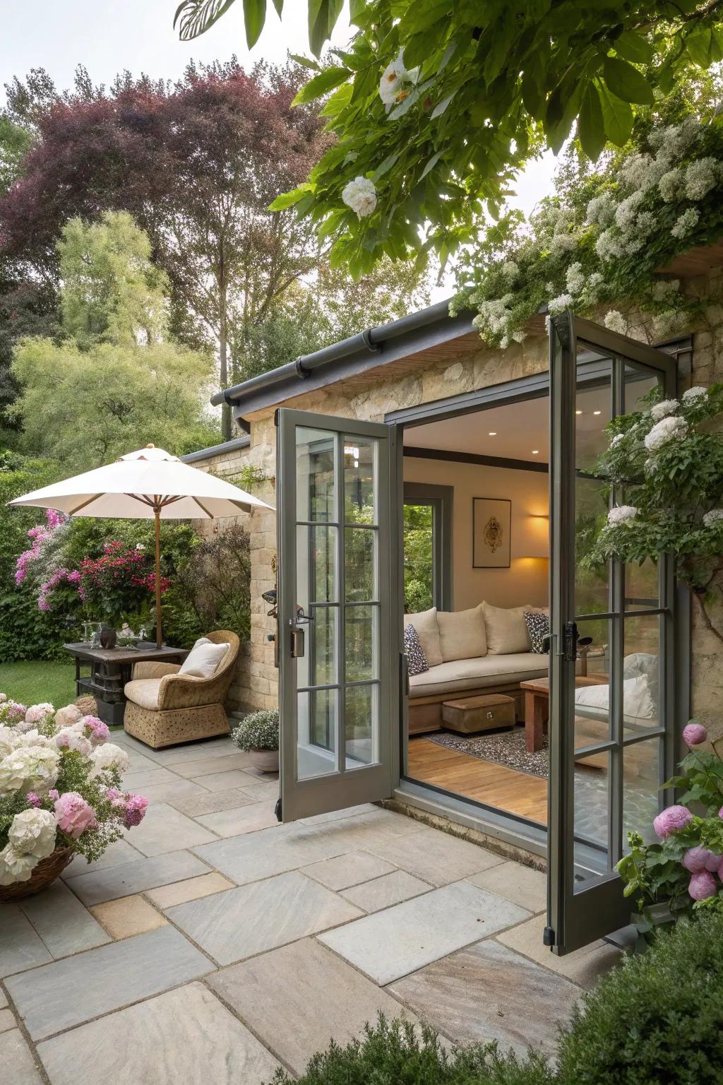 An inviting outdoor seating area beside the garden room.