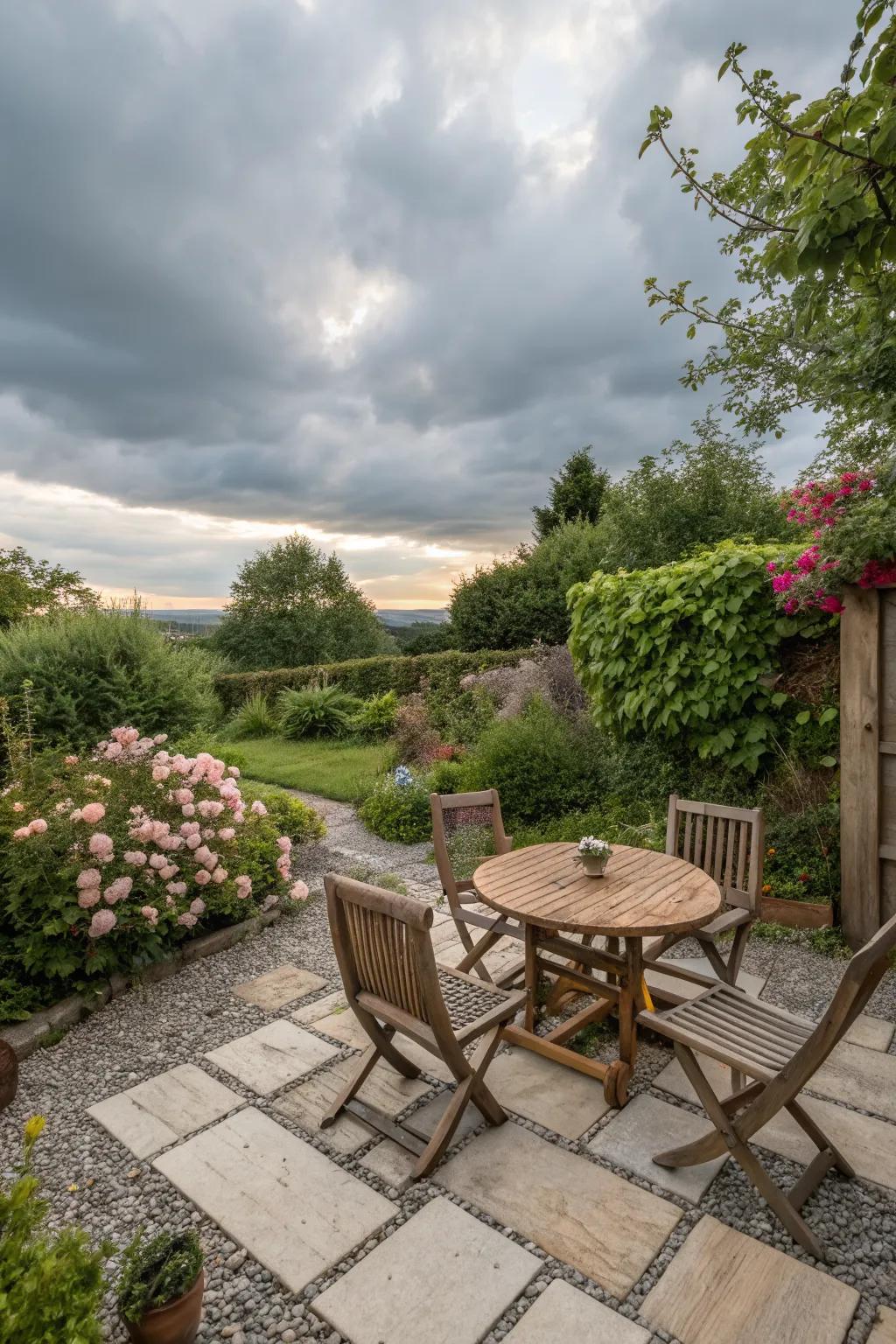 A garden seating area with a stone or gravel patio foundation.