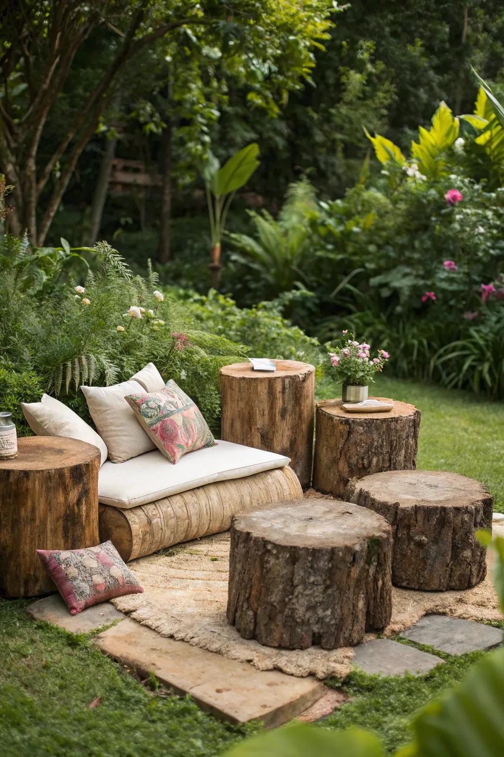 Repurpose tree stumps to create unique garden seating.