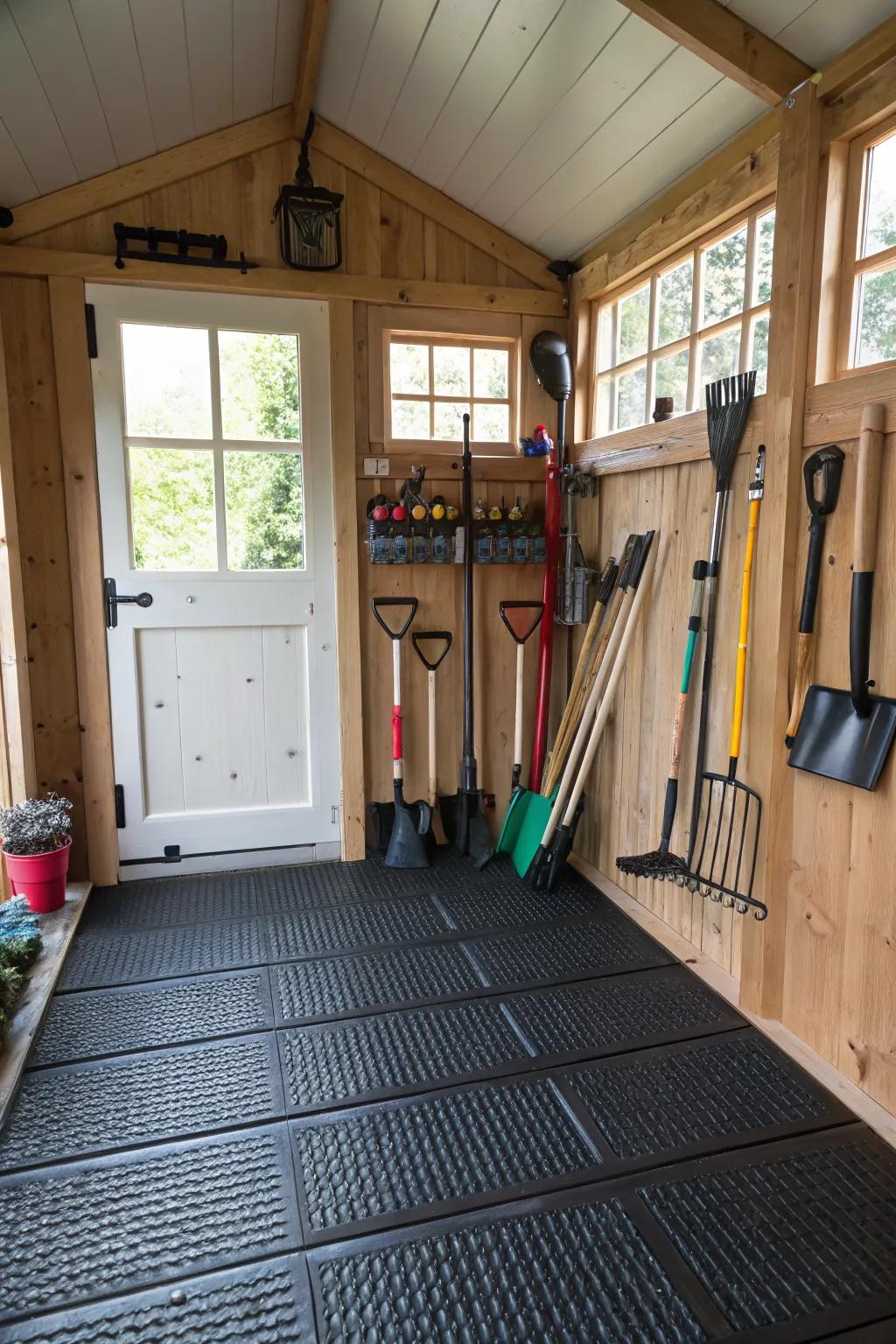 Invest in flooring that stands up to wear and tear for a neat shed.