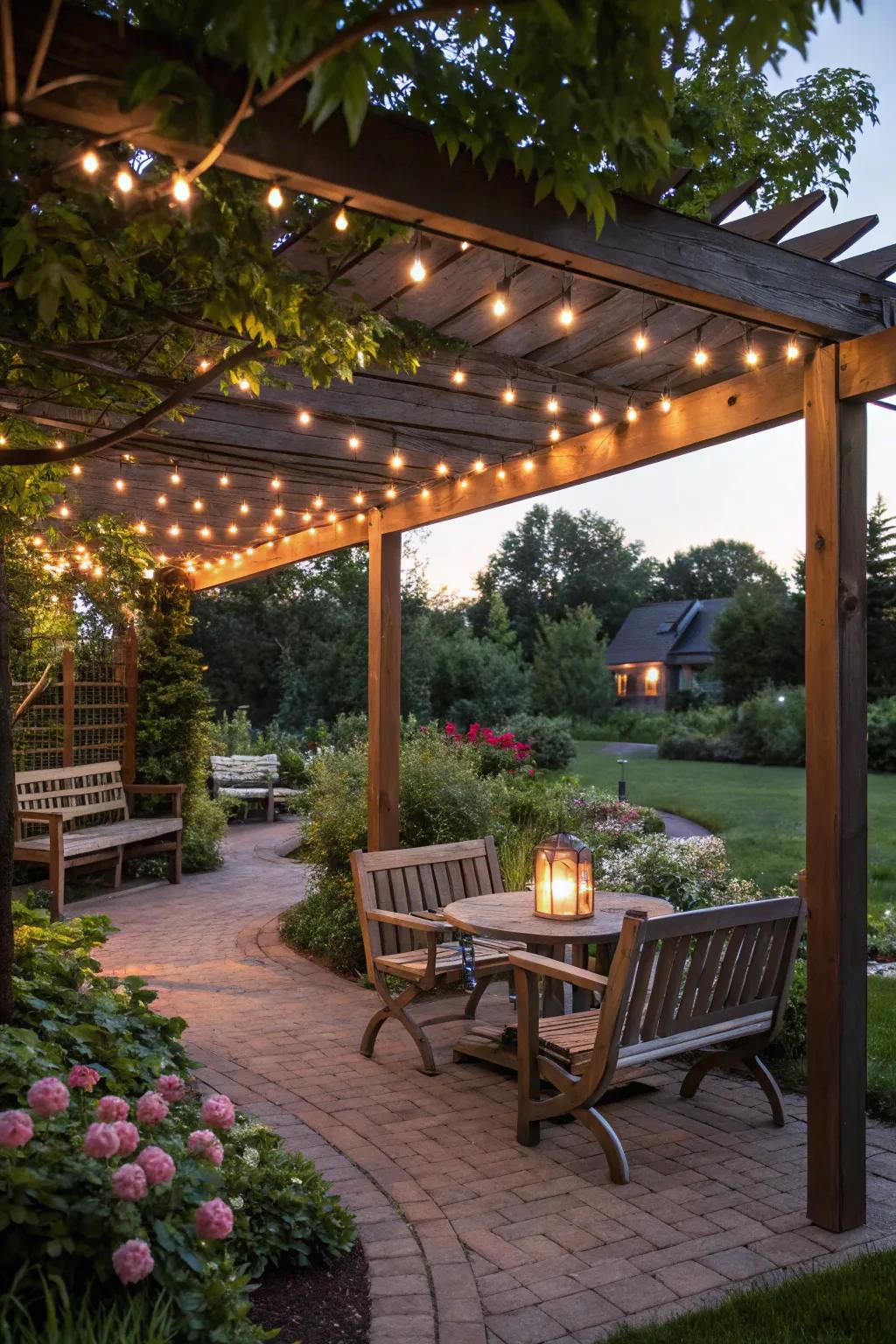 String lights add a magical touch to evening garden spaces.