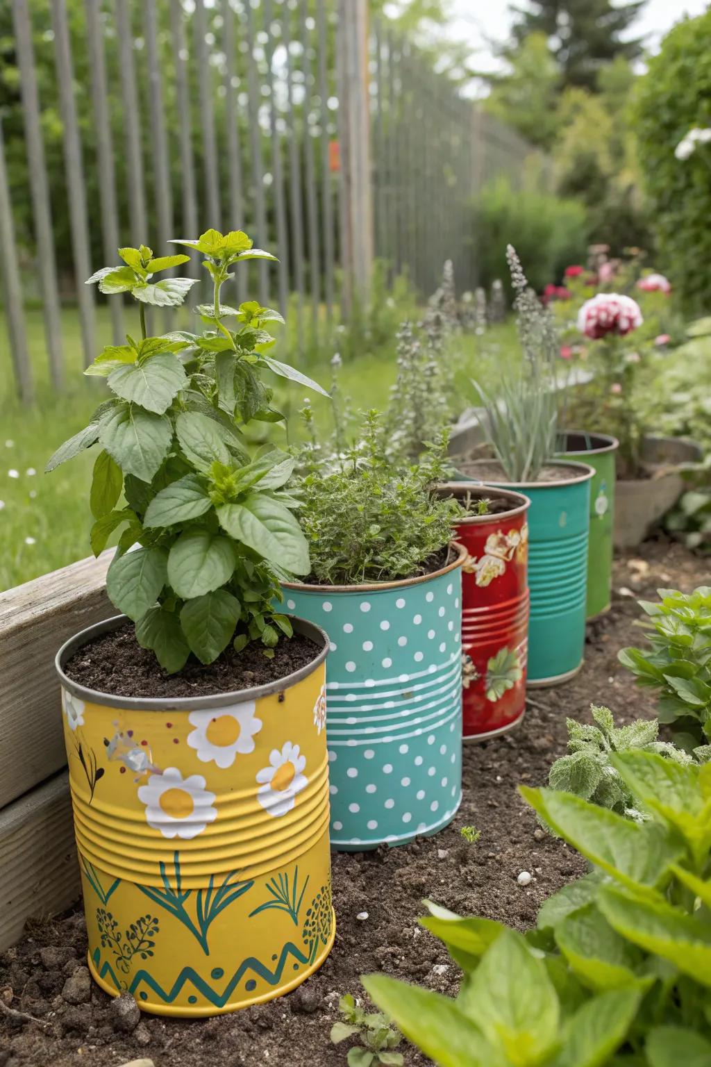 Colorful tin cans repurposed as plant markers in a herb garden.
