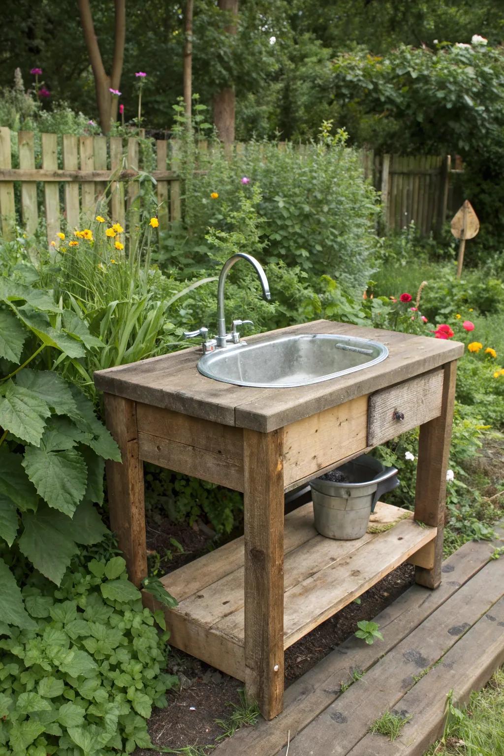 An eco-friendly garden sink crafted from reclaimed materials.