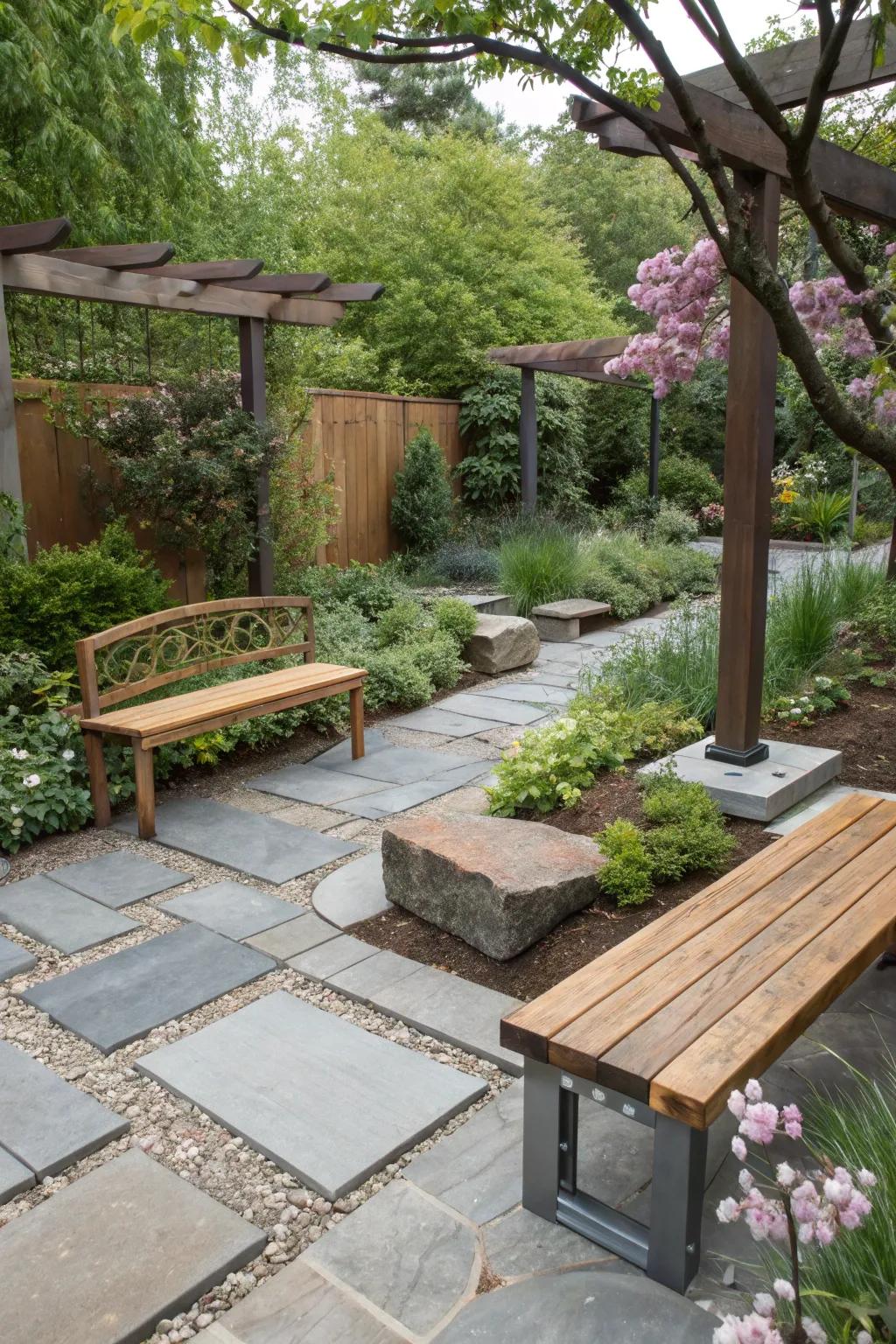 A mix of materials adds depth and interest to your garden space.