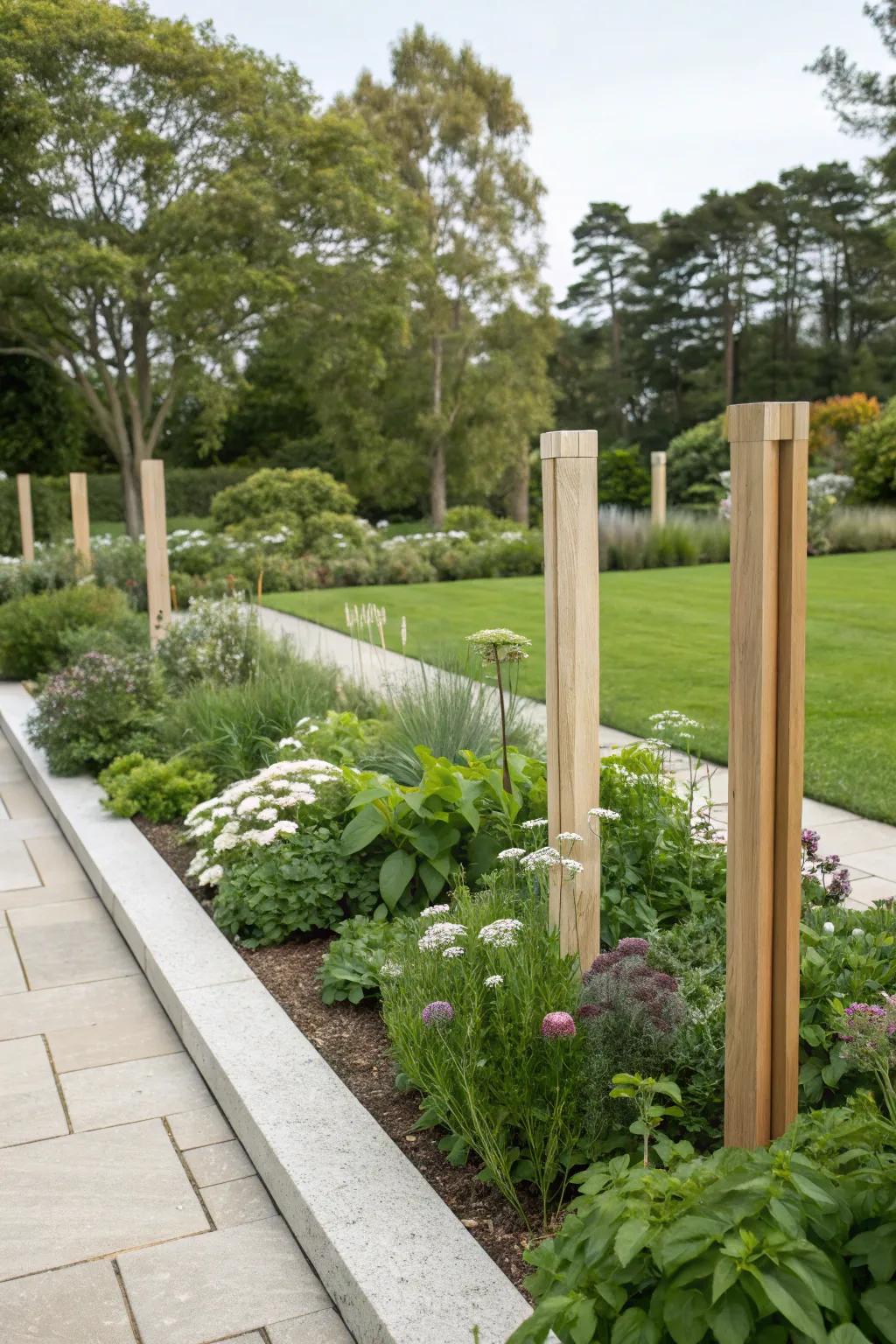 Sleek minimalist wooden stakes blending seamlessly into a modern garden.