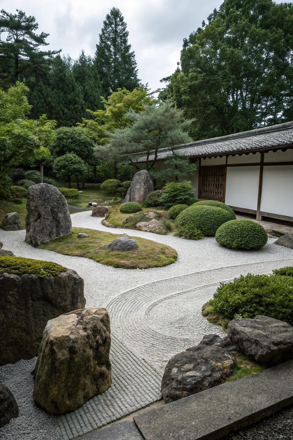Zen stone gardens offer a tranquil and mindful retreat.