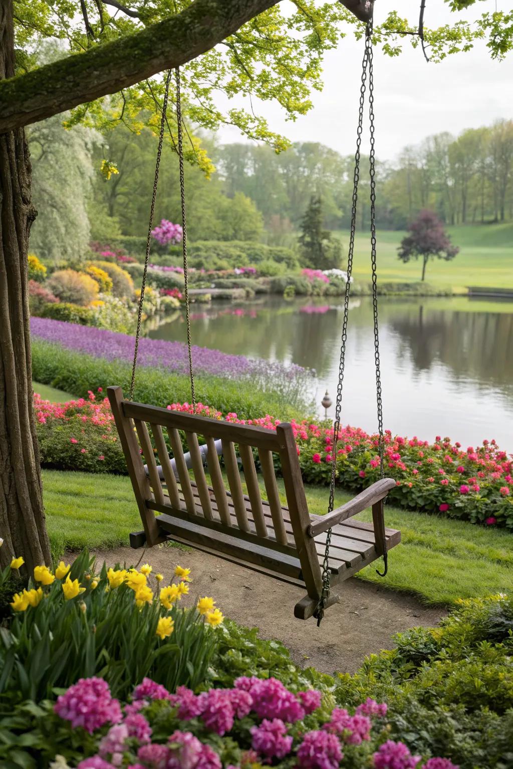Swings positioned with a view offer a peaceful escape.
