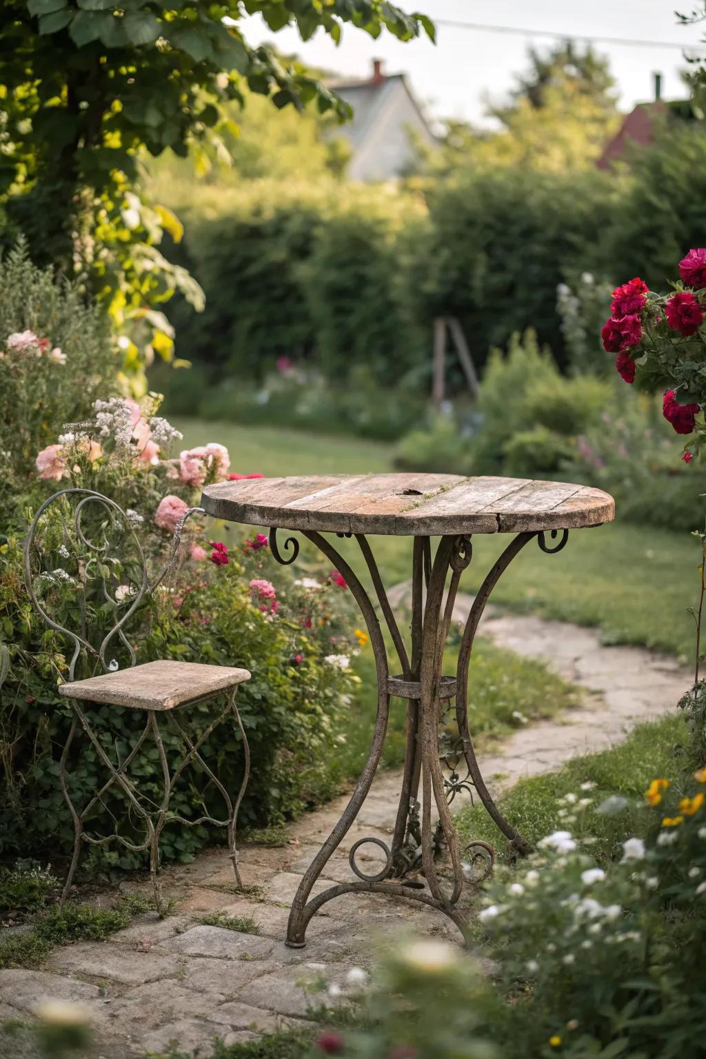 Vintage charm with rustic metal accents on a garden tabletop.