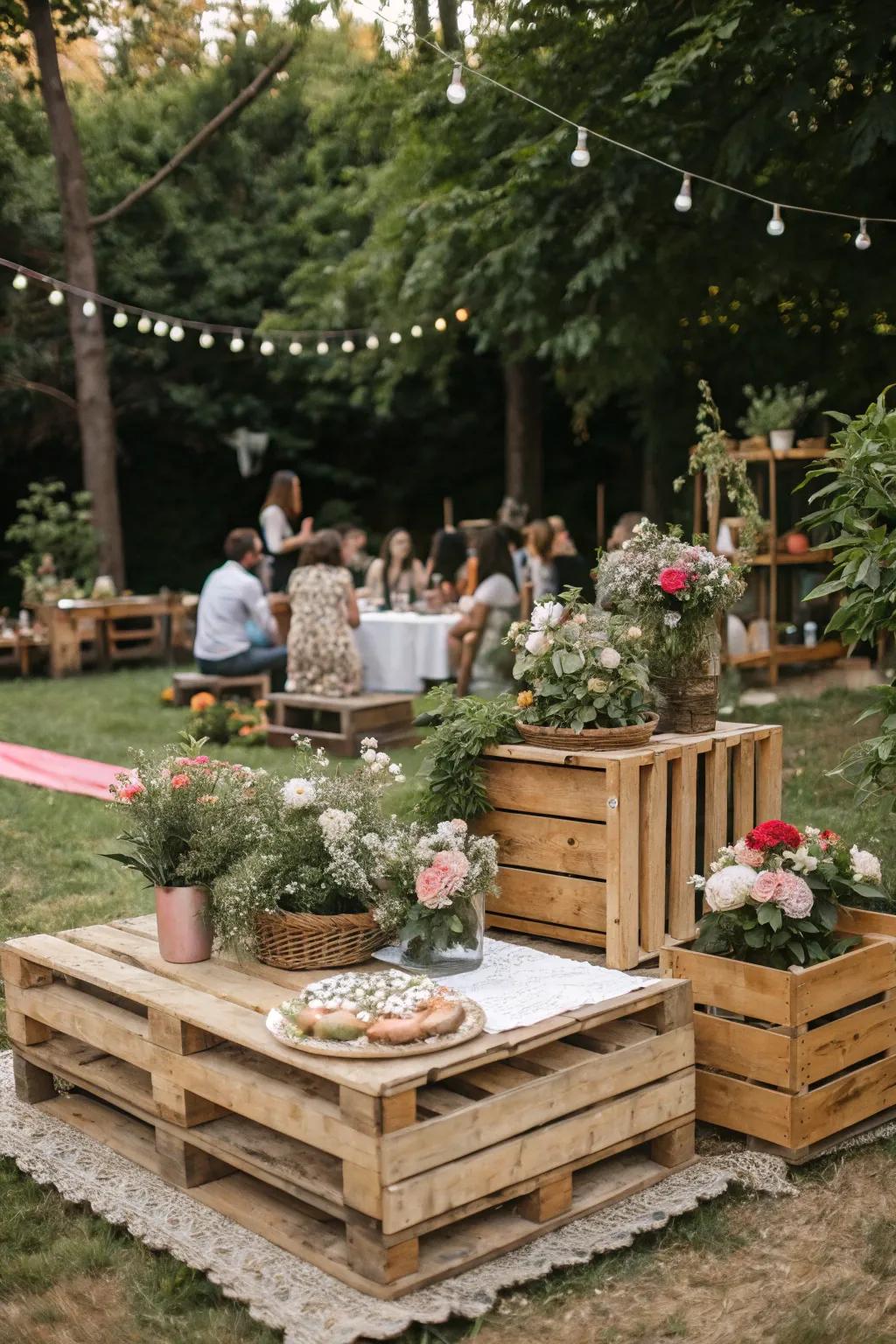 Rustic wooden elements add warmth and charm to the garden decor.