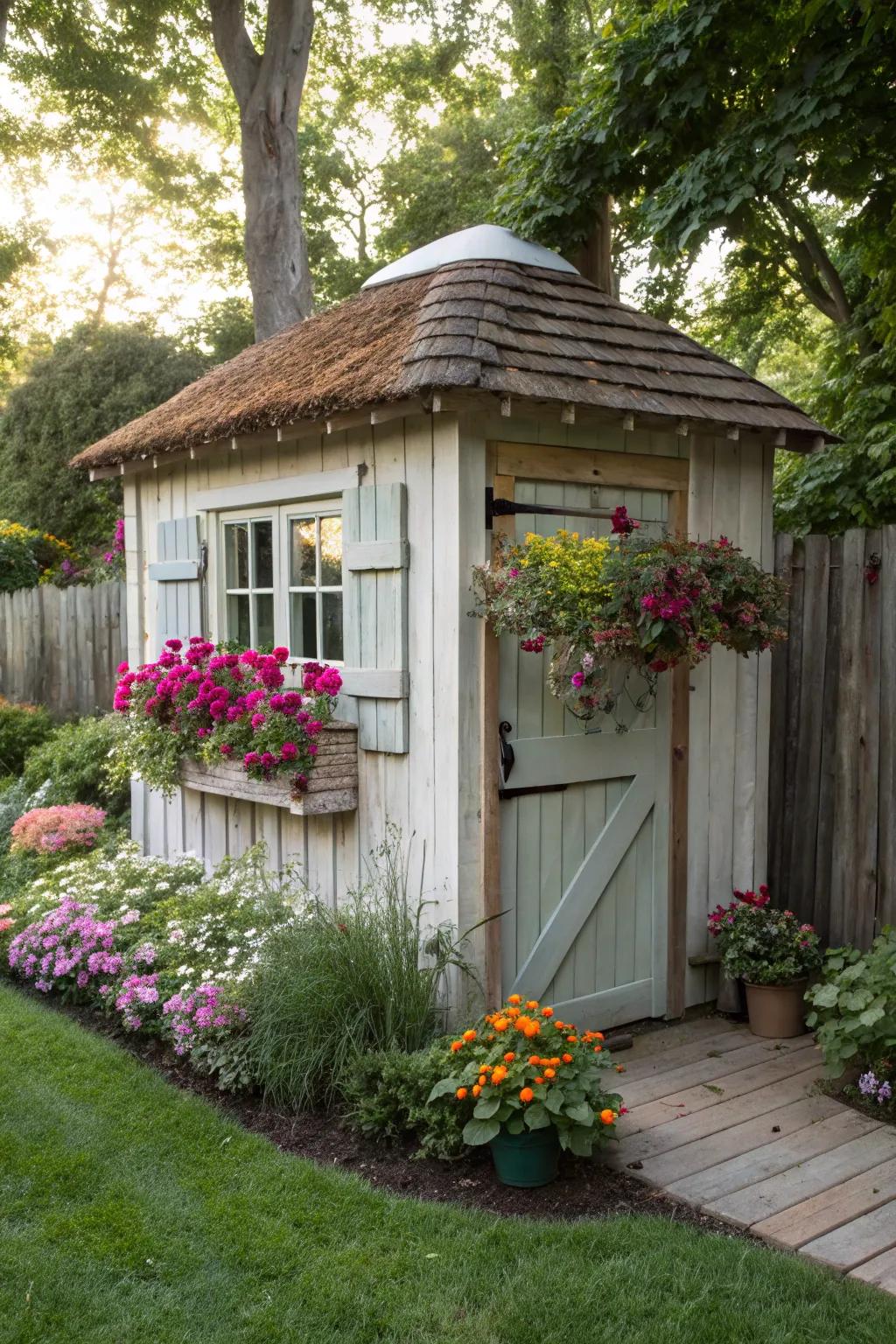 A charming cottage-style garden tool shed.